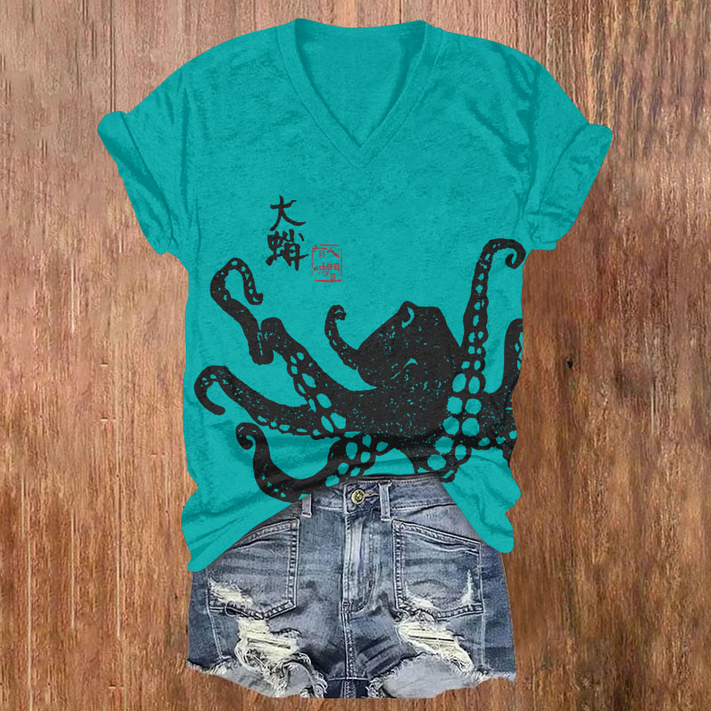 Vintage Japanese Abstract Black Octopus Art T-shirt - Green - US32-34(5XL) - image 1