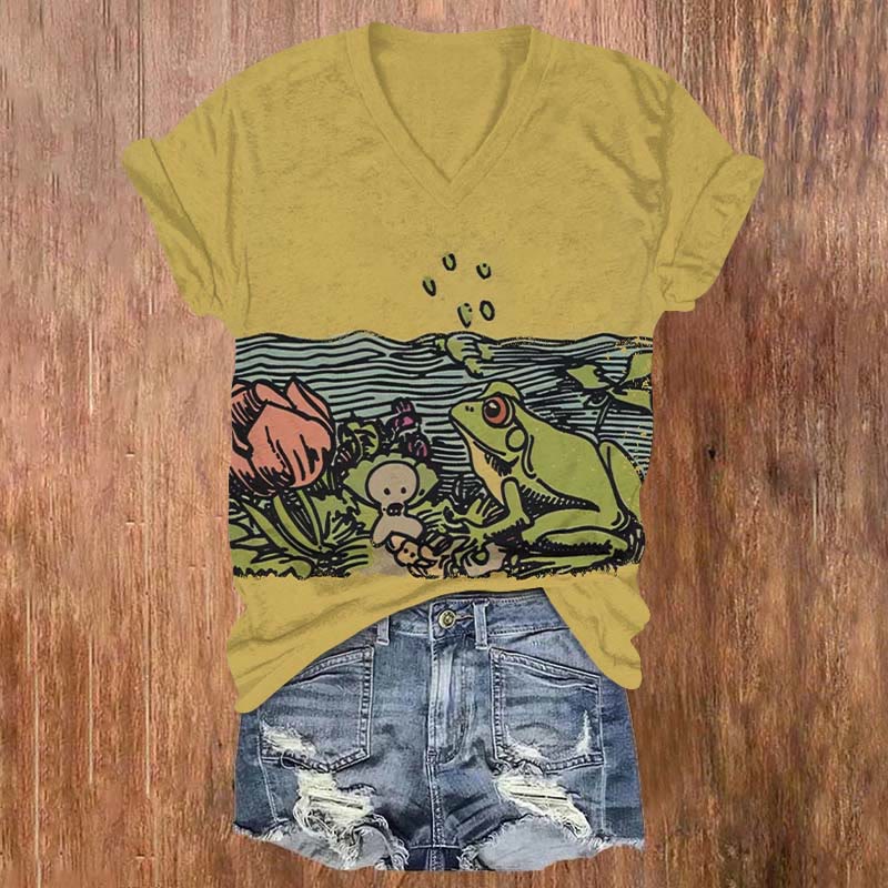 Lovely Cartoon Frog On Lotus Pond Art T-shirt - Yellow - US32-34(5XL) - image 1