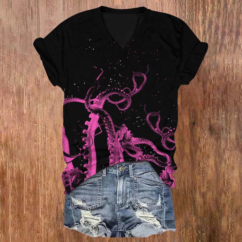 Fantasy Octopus Tentacles Under Starry Sky Art T-shirt - Black - US32-34(5XL) - image 1