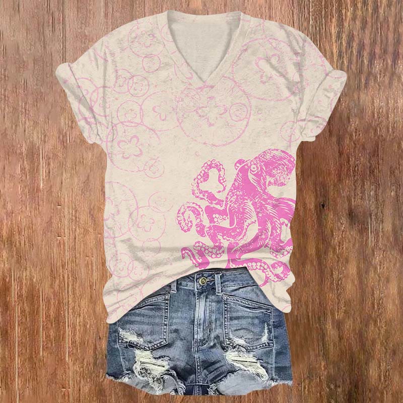 Romantic Floral Bubble Octopus Art T-shirt - Apricot - US32-34(5XL) - image 1