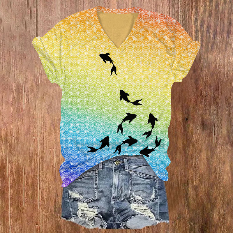 Japanese Style Rainbow Wave Goldfish Silhouette Print V-neck T-shirt - Multicolor - US32-34(5XL) - image 1