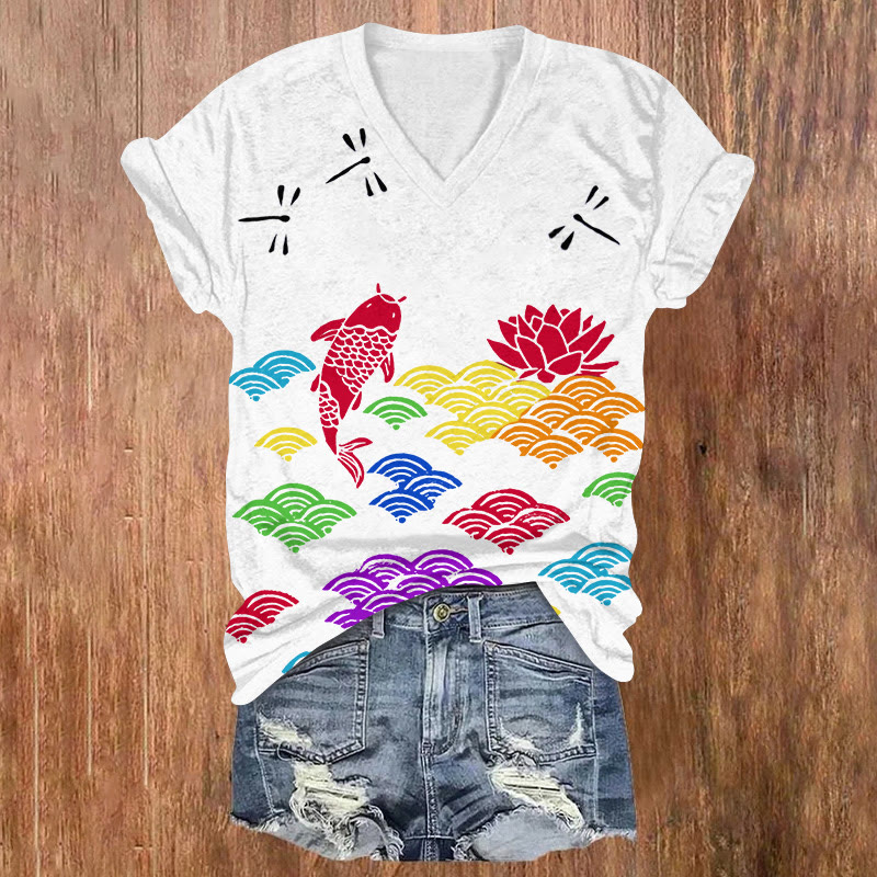 Japanese Style Rainbow Wave Koi Print V-neck T-shirt - White - US32-34(5XL) - image 1