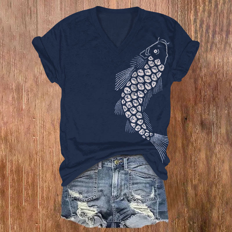 Vintage Tie Dye Koi Print V-neck T-shirt - Navy Blue - US32-34(5XL) - image 1