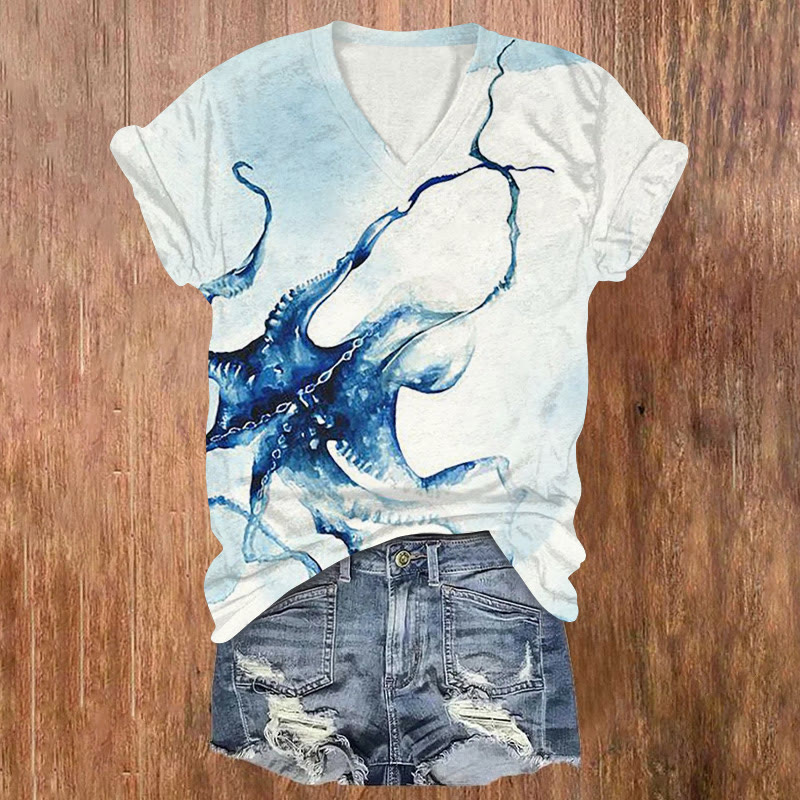 Creative Watercolor Octopus Print V-neck T-shirt - Blue - US32-34(5XL) - image 1