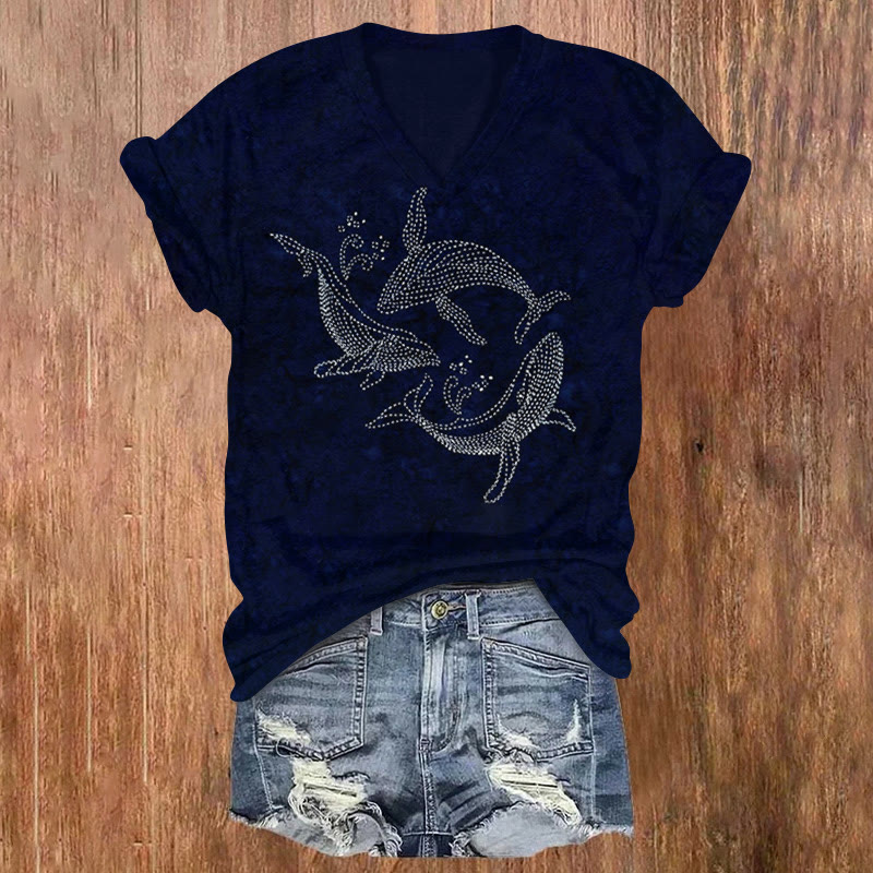 Creative Imitation Embroidery Whale Print V-neck T-shirt - Dark Blue - US32-34(5XL) - image 1
