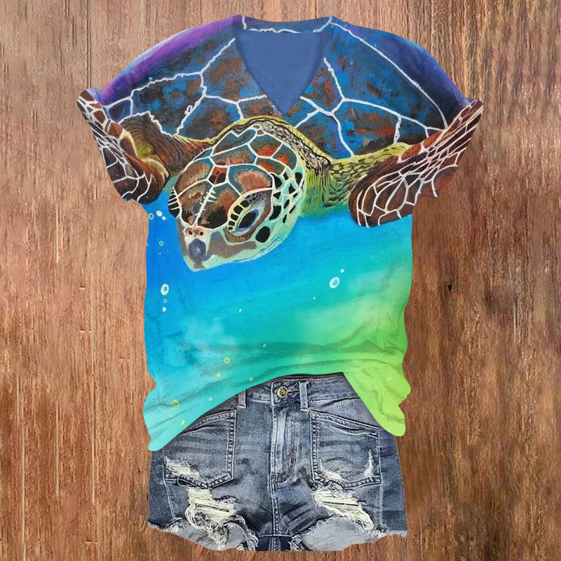 Creative Oil Painting Turtle Print V-neck T-shirt - Multicolor - US32-34(5XL) - image 1