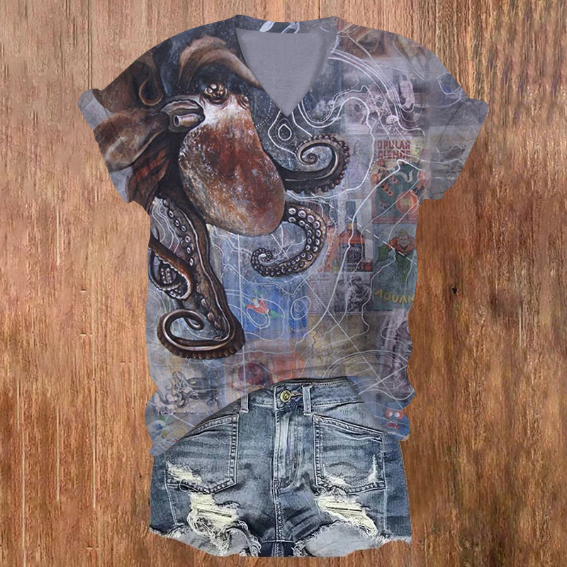 Vintage Distressed Octopus Print V-neck T-shirt - Purple - US32-34(5XL) - image 1