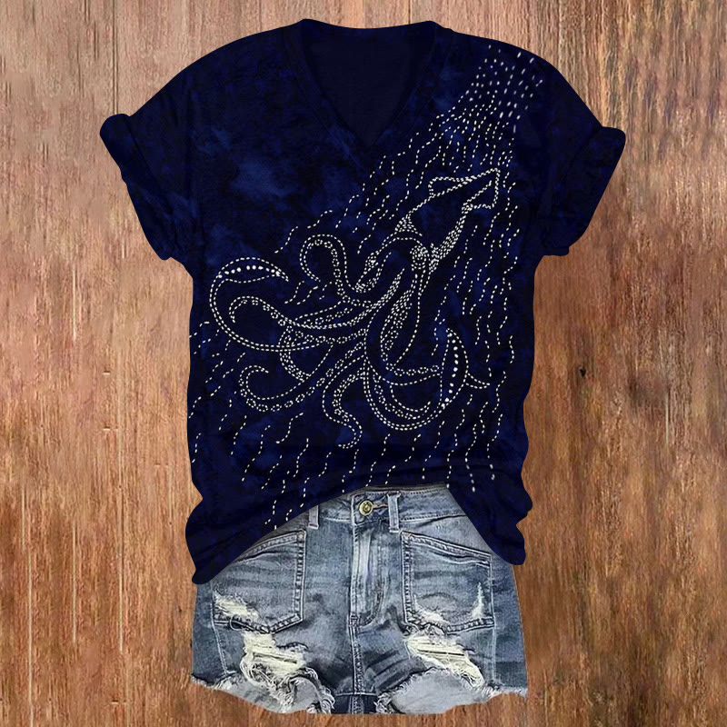 Vintage Tie-dye Octopus Print V-neck T-shirt - Dark Blue - US32-34(5XL) - image 1