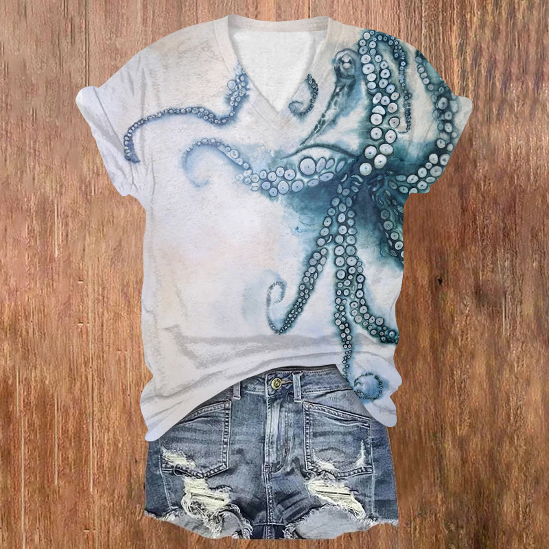 Watercolor Sfumato Watercolor Octopus Print V-neck T-shirt - Light Gray - US32-34(5XL) - image 1