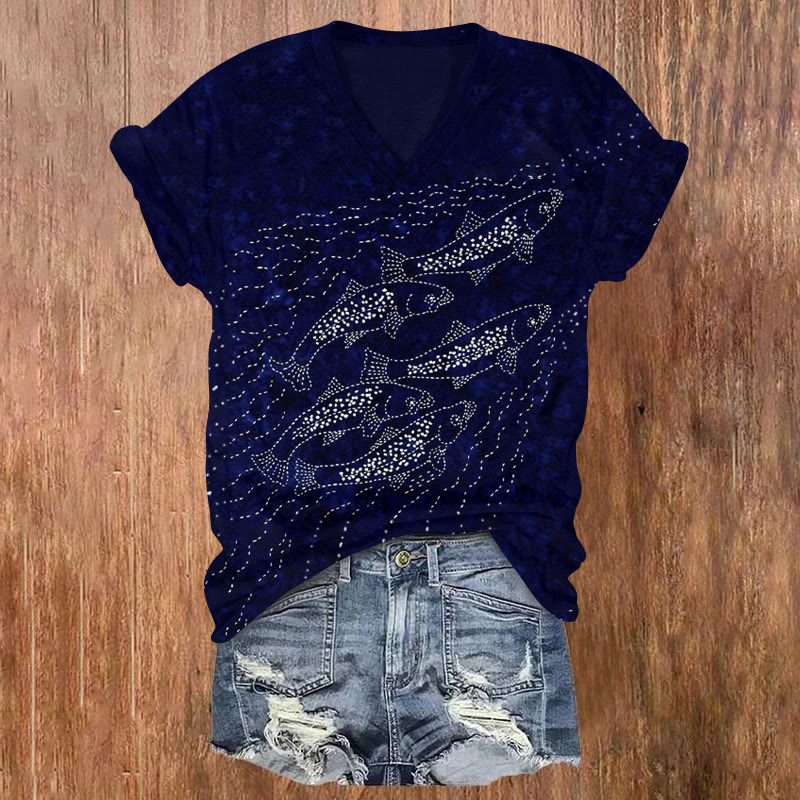 Vintage Tie-dye Fish Print V-neck T-shirt - Dark Blue - US32-34(5XL) - image 1