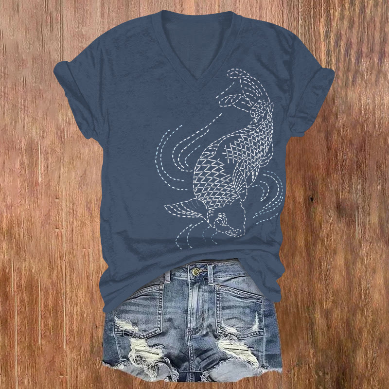 Vintage Faux Embroidery Koi Print V-neck T-shirt - Blue - US32-34(5XL) - image 1