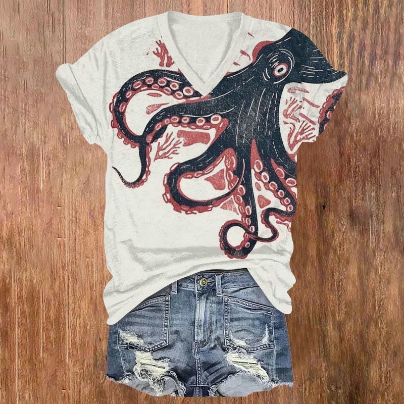 Vintage Japanese Octopus Art Print Art T-shirt - White - US32-34(5XL) - image 1