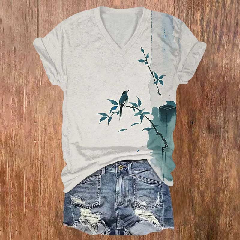 Watercolor Bird On The Branch Art Print V-neck T-shirt - Light Gray - US32-34(5XL) - image 1