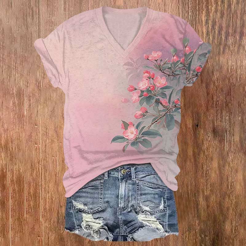 Vintage Vivid Peach Blossom Art Print V-neck T-shirt - Pink - US32-34(5XL) - image 1