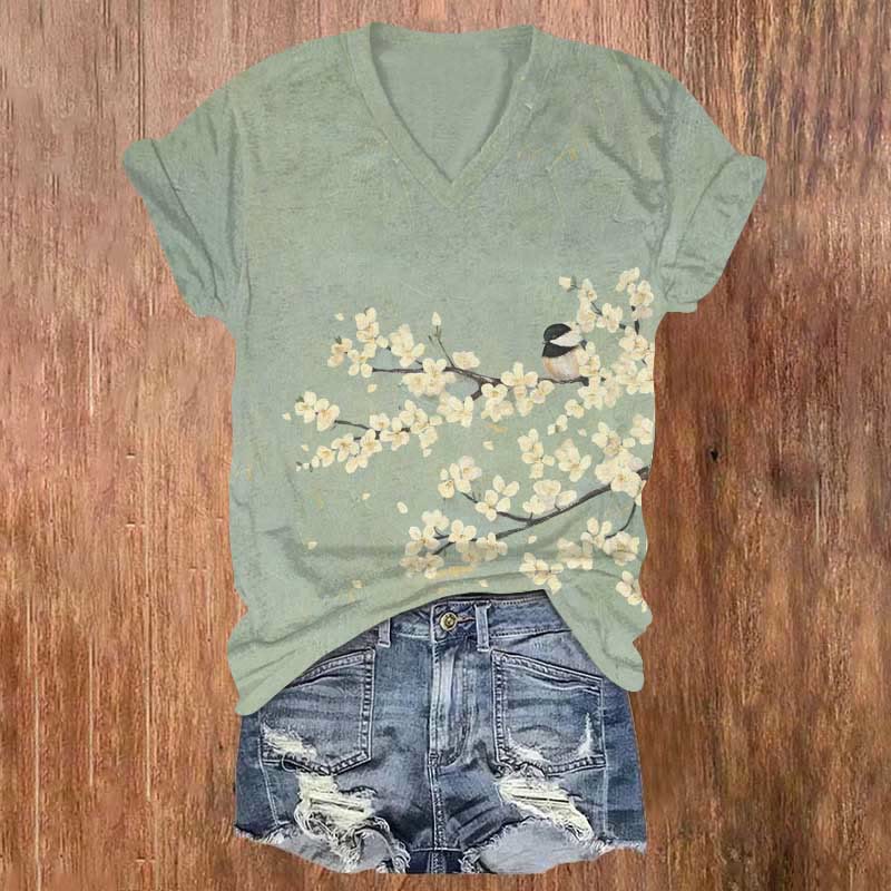 Vintage Pear Blossom Tree & Bird Art Print V-neck T-shirt - Green - US32-34(5XL) - image 1