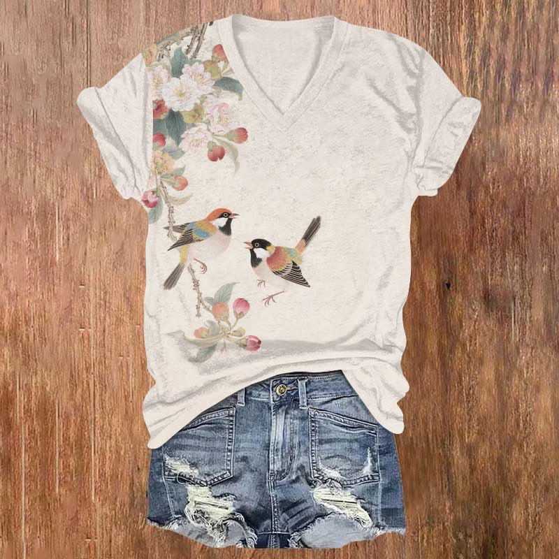 Lovely Cuckoo Bird & Pretty Floral Art Print V-neck T-shirt - Beige - US32-34(5XL) - image 1