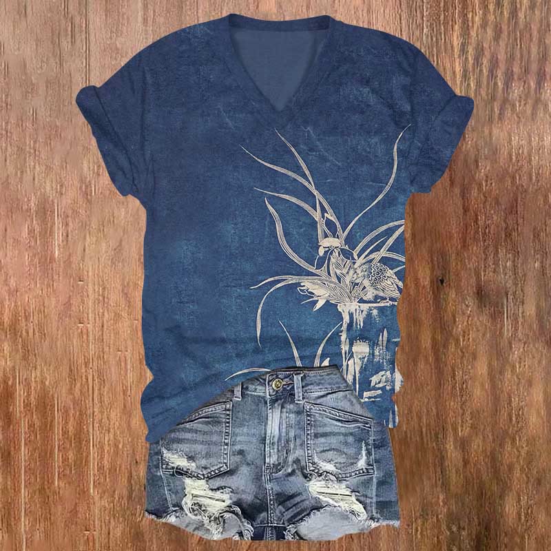Retro Sketching Flower & Bird Art Print V-neck T-shirt - Blue - US32-34(5XL) - image 1