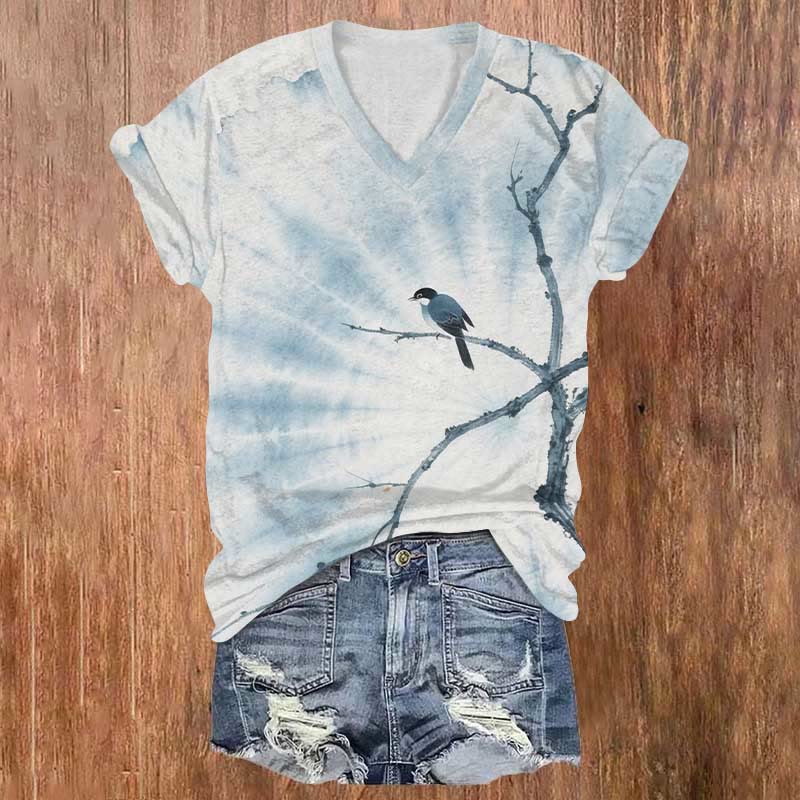 Blue Ink Splash Bird On The Branch Art Print V-neck T-shirt - Blue - US32-34(5XL) - image 1