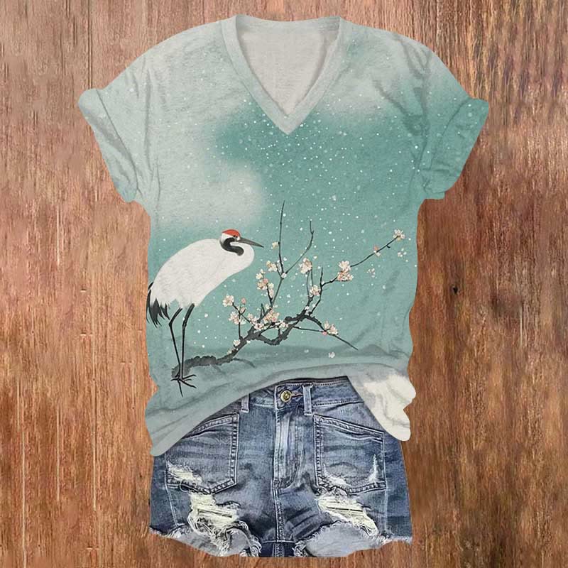 Vintage Snowy Crane & Wintersweet Branch Art Print V-neck T-shirt - Green - US32-34(5XL) - image 1