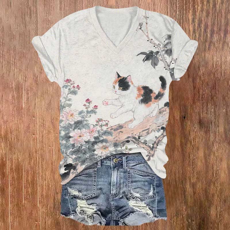 Lovely Kitten Playing Among Flowers Art Print V-neck T-shirt - White - US32-34(5XL) - image 1