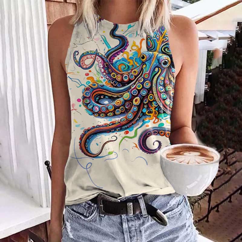 Vintage Rainbow Octopus Art Print Crew Neck Tank Top - Apricot - 5XL - image 1