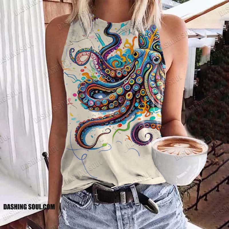 Vintage Rainbow Octopus Art Print Crew Neck Tank Top