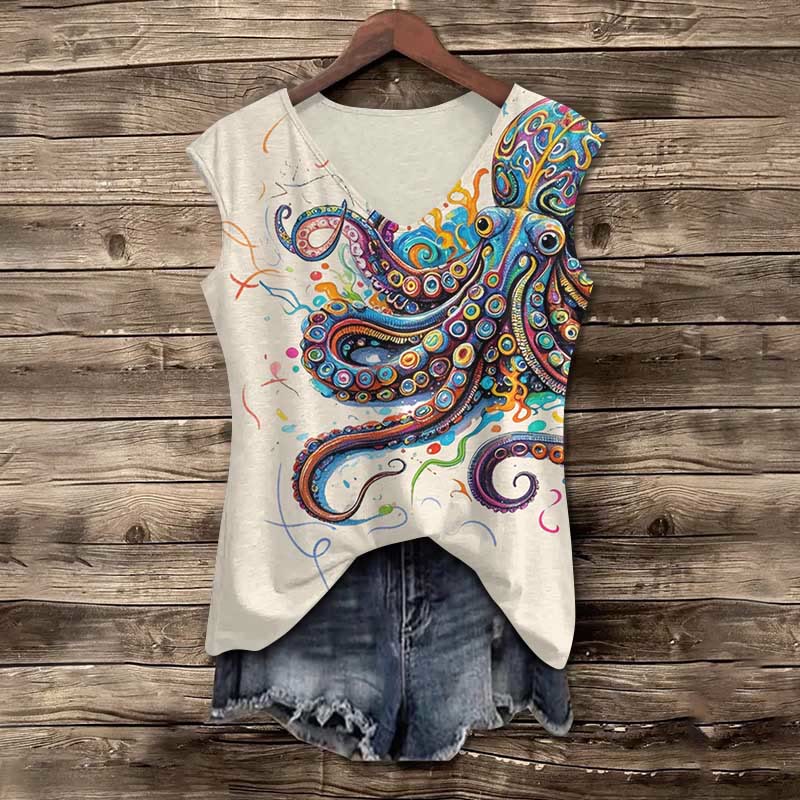 Vintage Rainbow Octopus Art Print V-neck Tank Top - Apricot - 5XL - image 1