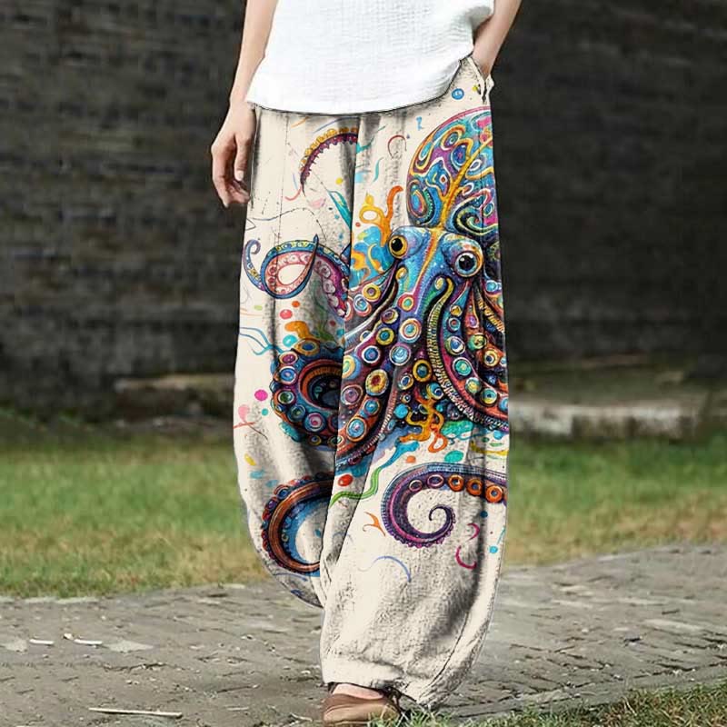 Vintage Rainbow Octopus Art Print Casual Pants - Apricot - US18(5XL) - image 1