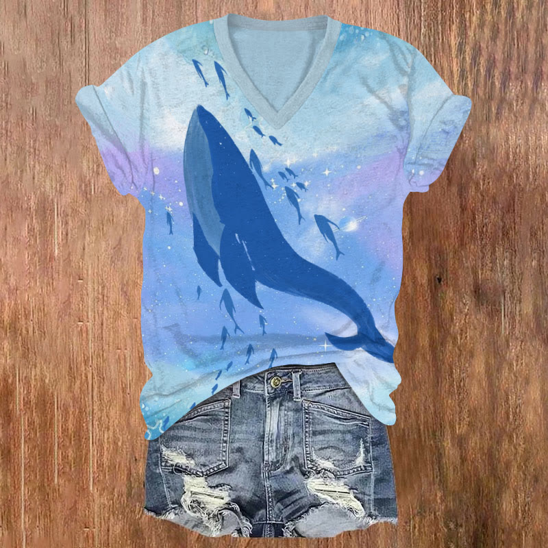 Fantasy Starry Whale Family Art T-shirt - Blue - US32-34(5XL) - image 1