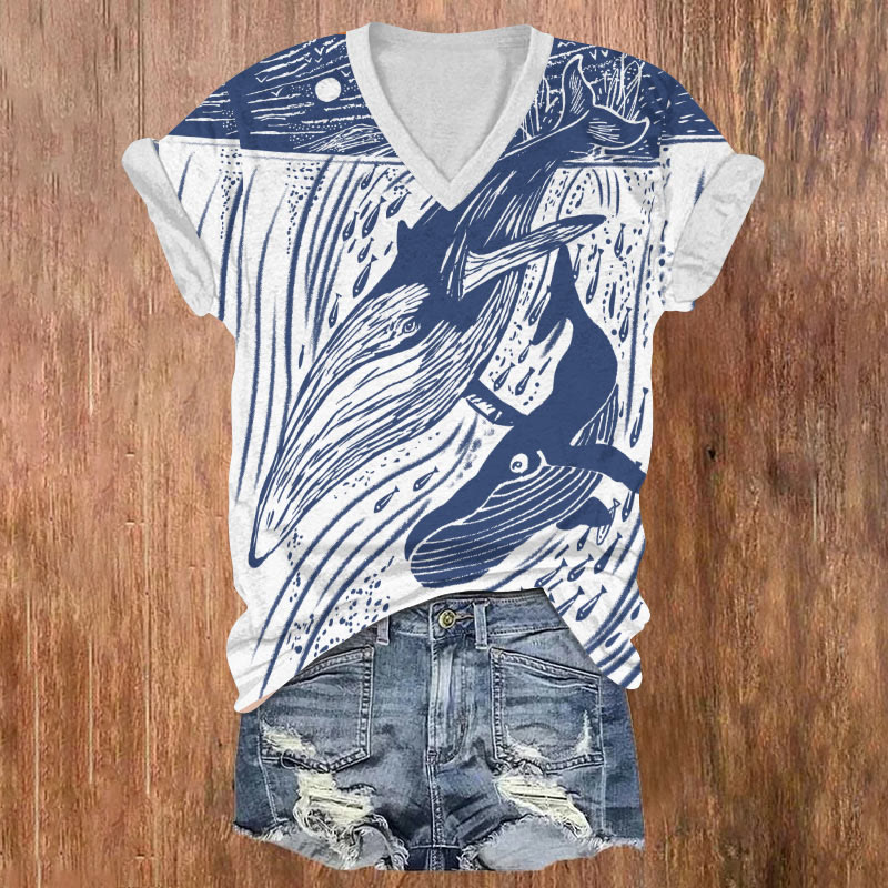 Blue Watercolor Whale Pattern Art T-shirt - Blue - US32-34(5XL) - image 1