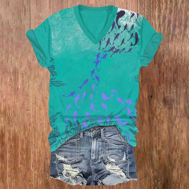 Underwater Fish School & Seaweed Art T-shirt - Green - US32-34(5XL) - image 1