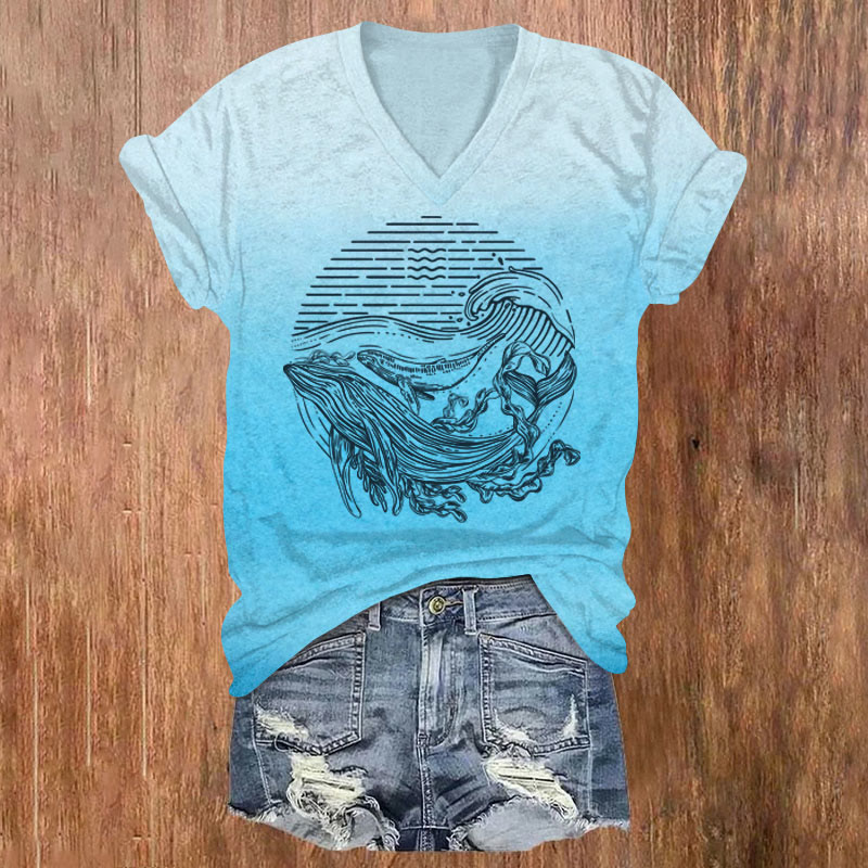 Ink Sketching Whale Pattern Art T-shirt - Light Blue - US32-34(5XL) - image 1