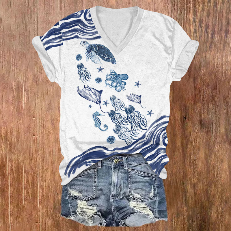 Watercolor Sea Animals Art T-shirt - White - US32-34(5XL) - image 1