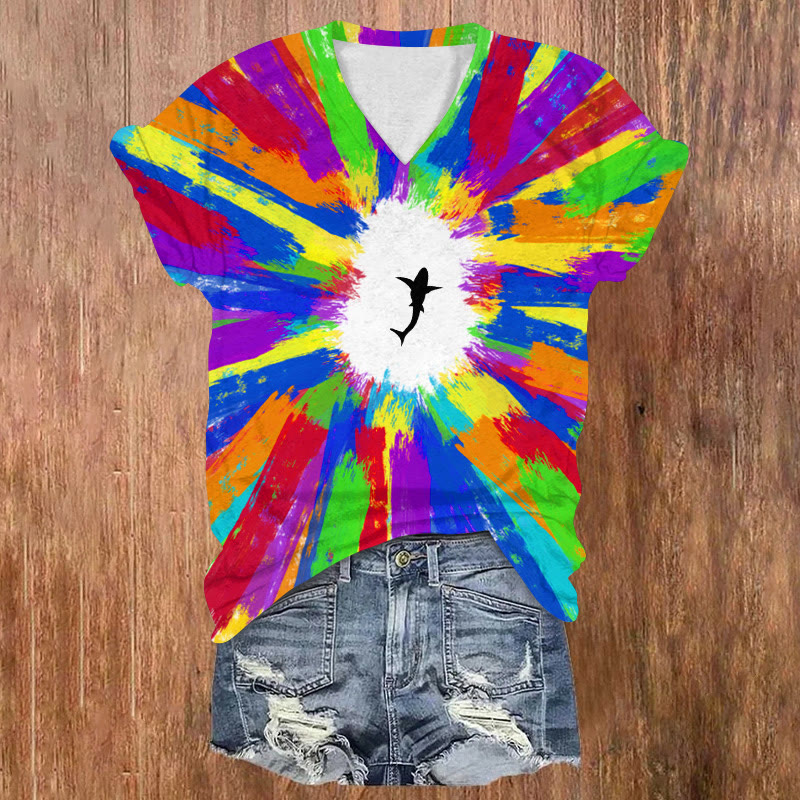 Shark In Rainbow Doodle Print V-neck T-shirt - White - US32-34(5XL) - image 1