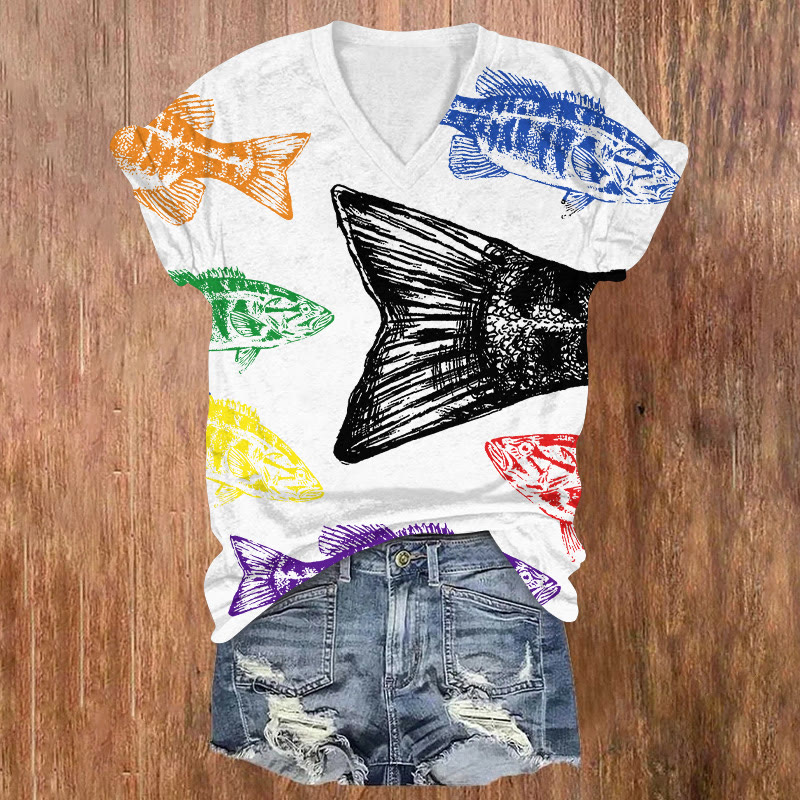 Rainbow Smallmouth Bass Print V-neck T-shirt - White - US32-34(5XL) - image 1