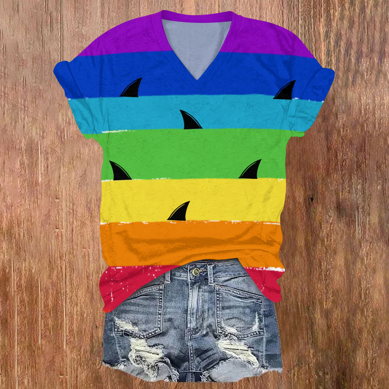 Shark In The Rainbow Print V-neck T-shirt - Multicolor - US32-34(5XL) - image 1