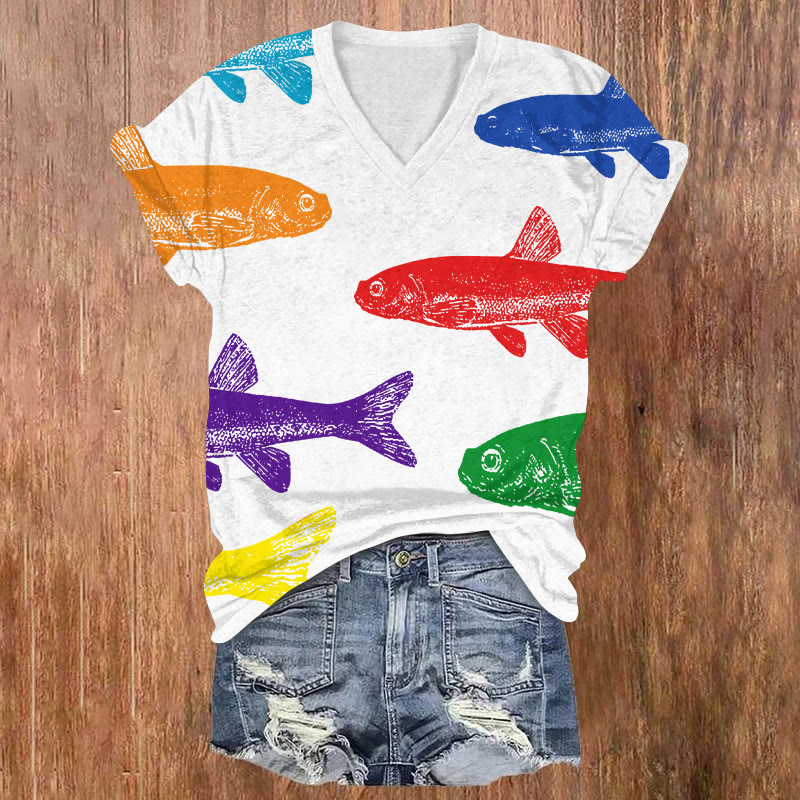Rainbow Sardines Print V-neck T-shirt - White - US32-34(5XL) - image 1