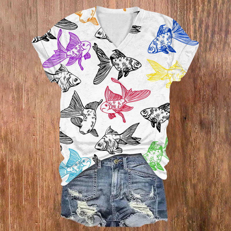 Japanese Style Rainbow Goldfish Print V-neck T-shirt - White - US32-34(5XL) - image 1