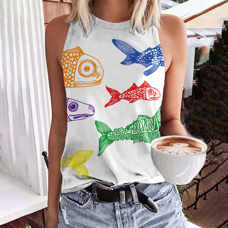 Rainbow Japanese Fish Print Crew Neck Tank Top - White - 5XL - image 1