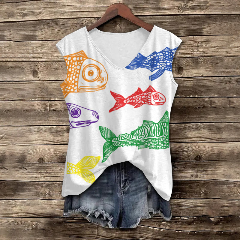 Rainbow Japanese Fish Print V-neck Tank Top - White - 5XL - image 1