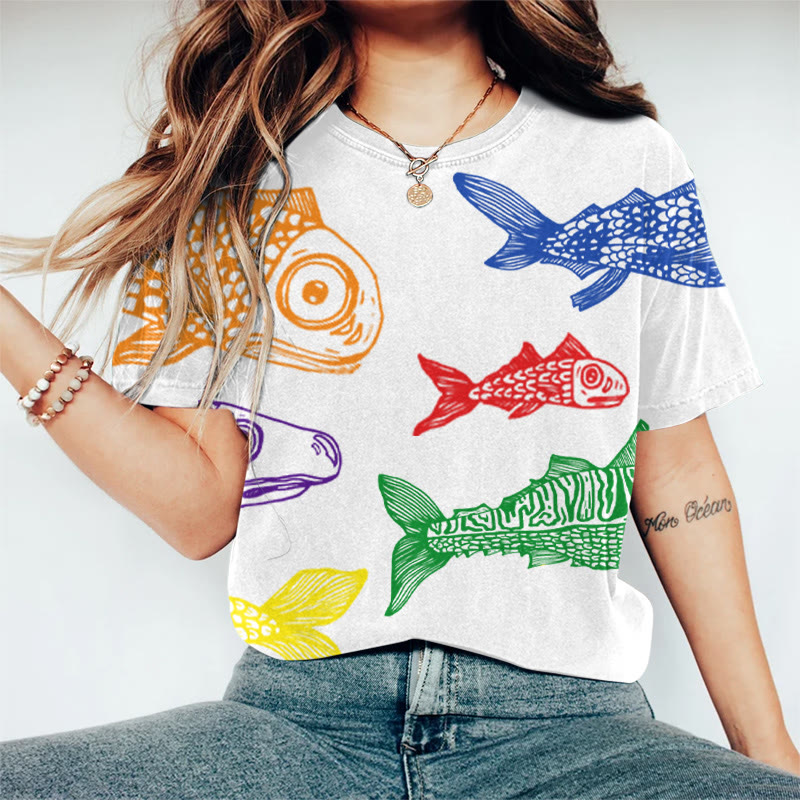 Rainbow Japanese Fish Print Casaul T-shirt - White - US44-46(8XL) - image 1