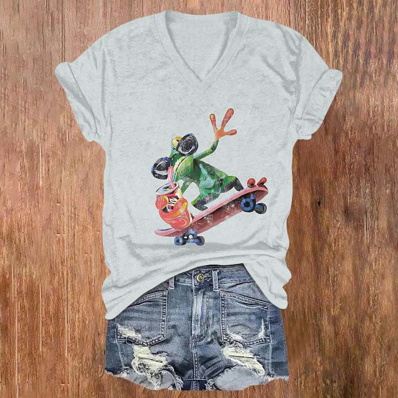 Funny Skateboard Frog With Drinks Print V-neck T-shirt - Grey - US32-34(5XL) - image 1
