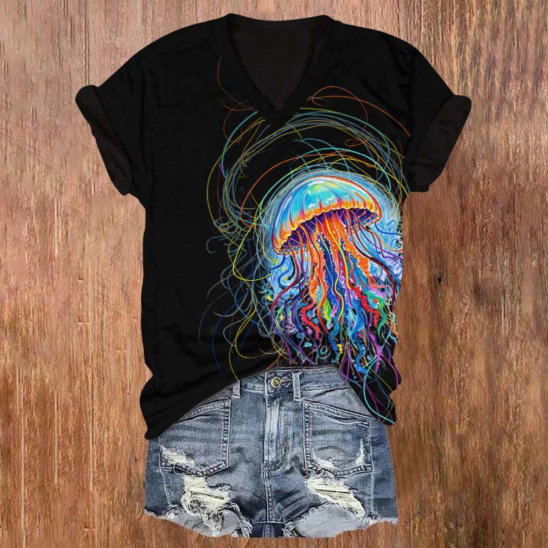 Fantasy Rainbow Glowing Jellyfish Art Print V-neck T-shirt - Black - US32-34(5XL) - image 1