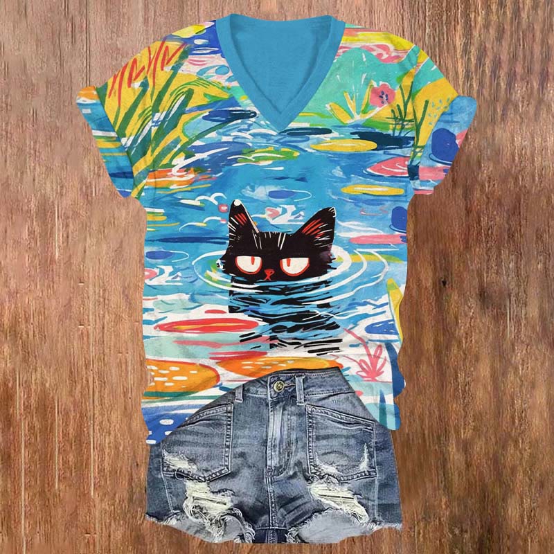 Oil Painting Rainbow Ugly Black Cat Art Print V-neck T-shirt - Multicolor - US32-34(5XL) - image 1
