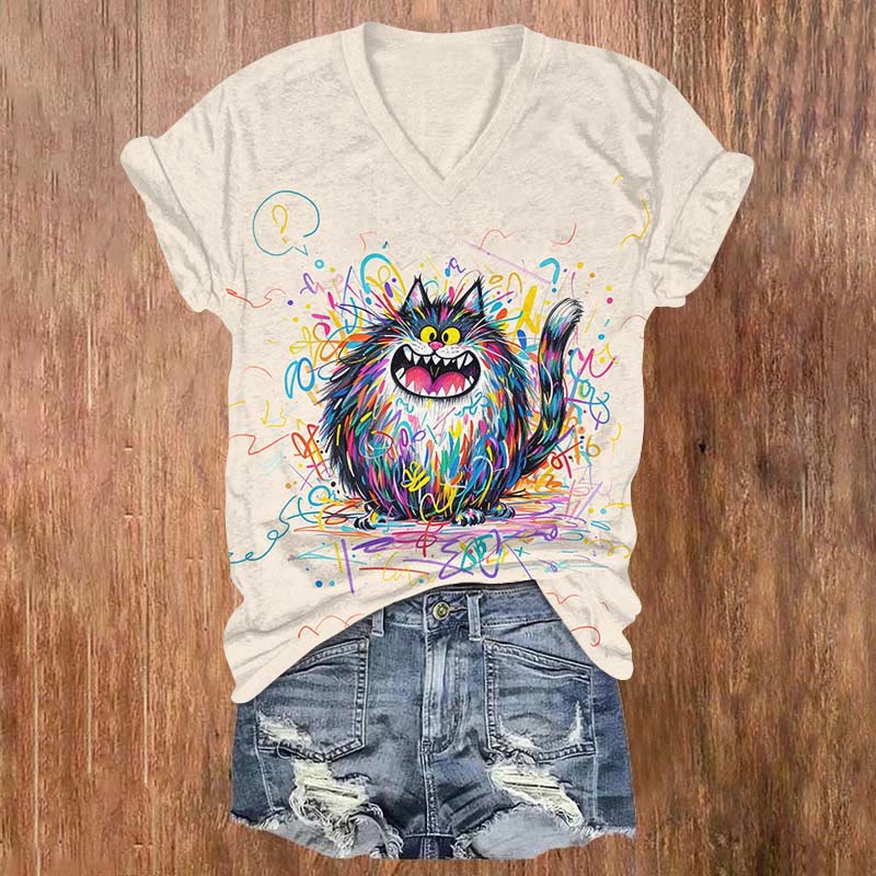Funny Rainbow Furry Angry Cat Art Print V-neck T-shirt - Beige - US32-34(5XL) - image 1