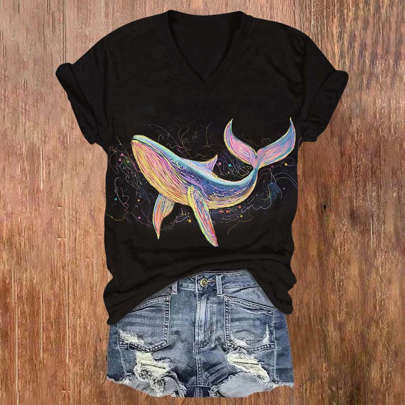 Fantasy Luminous Shark Art Print V-neck T-shirt - Black - US32-34(5XL) - image 1