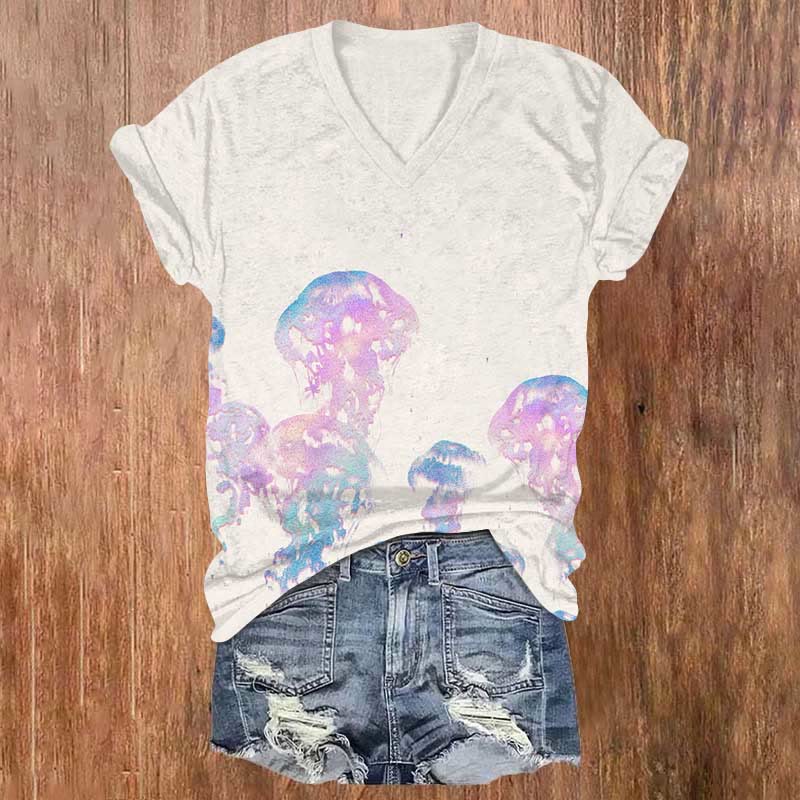 Fantasy Jellyfish Art Print V-neck T-shirt - White - US32-34(5XL) - image 1