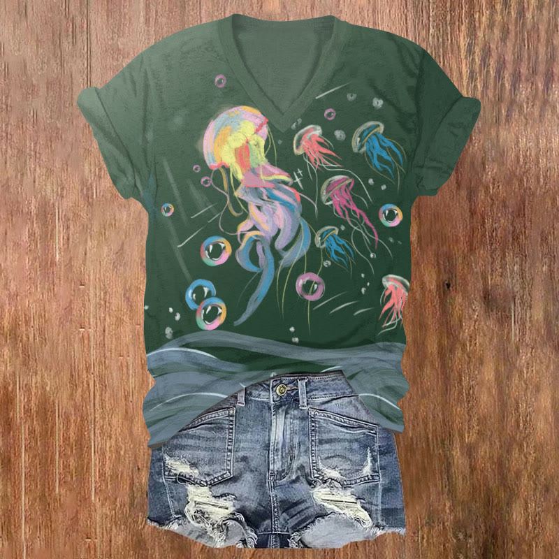 Fantasy Colorful Jellyfish Bubble Art T-shirt - Olive Green - US32-34(5XL) - image 1