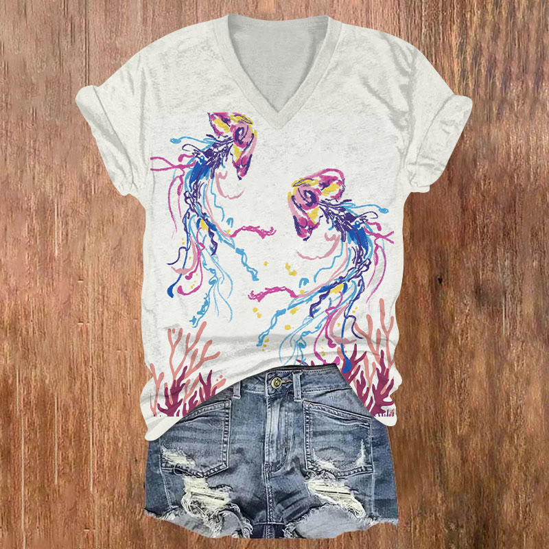 Colorful Abstract Jellyfish & Seaweed Art T-shirt - White - US32-34(5XL) - image 1