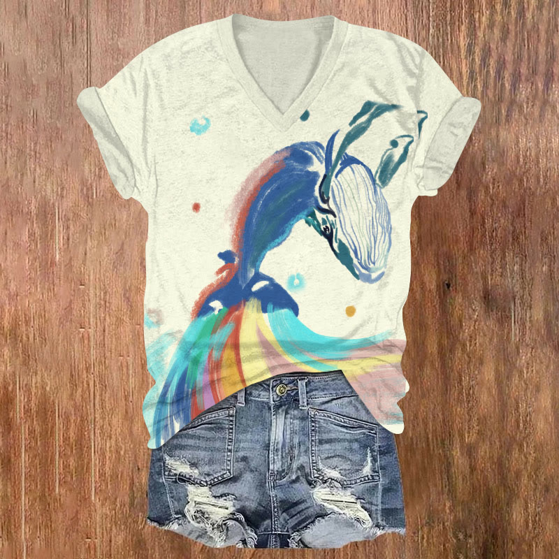 Watercolor Rainbow Leaping Whale Art T-shirt - Beige - US32-34(5XL) - image 1